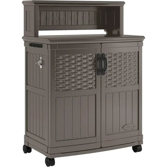 47-Gallon Outdoor Rolling Storage Cabinet with Adjustable Shelves and Utensil Hooks, American-Made Grill Prep Station