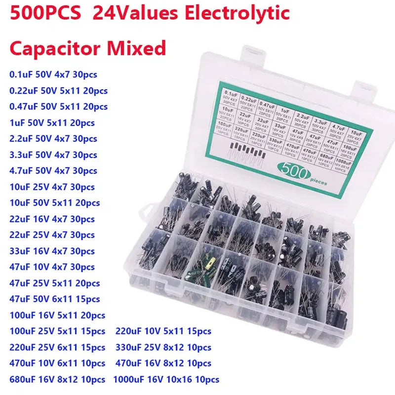 500PCS Electrolytic Capacitor Mixed DIP Electrolyte Capacitors 10V 16V 25V 50V Electronic Kit  0.1uF-1000uf 24Values elektronika
