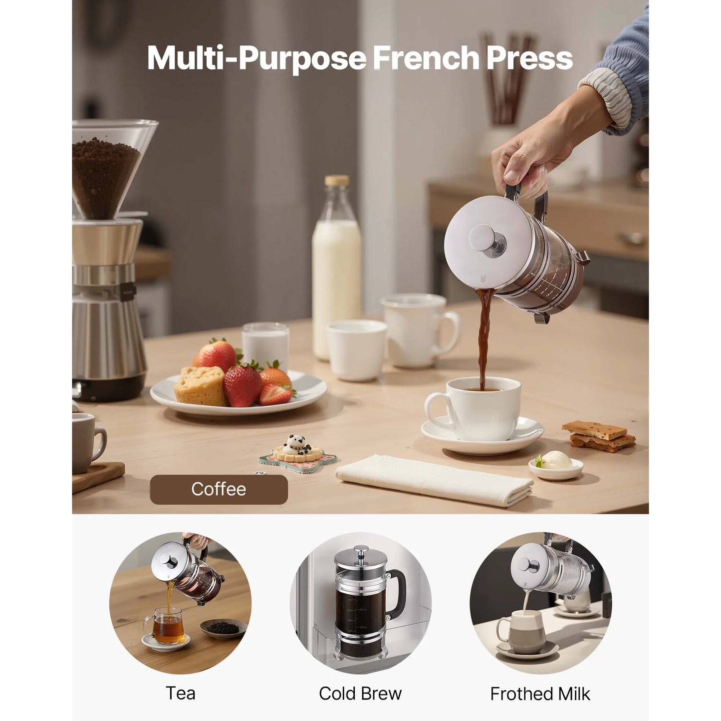 SucceBuy French Press Coffee Maker Borosilicate Glass Coffee Press Tea Maker with Stainless Steel Filter for Camping Travel Home