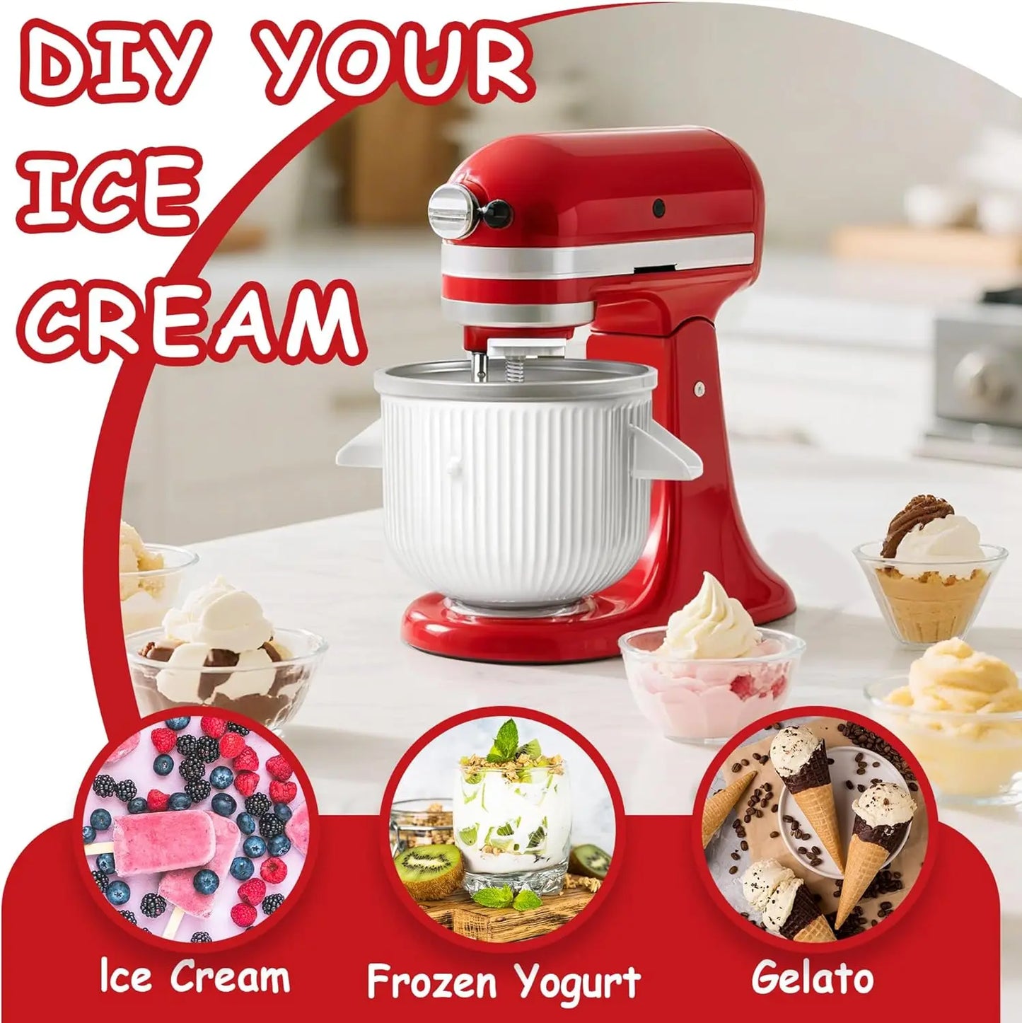 Ice Cream Maker Attachment for KitchenAid Stand Mixers, 2 Quart Frozen Ice Cream, Sorbet & Gelato Maker, Fits 4.5/5QT & 6QT KitchenAid Mixers