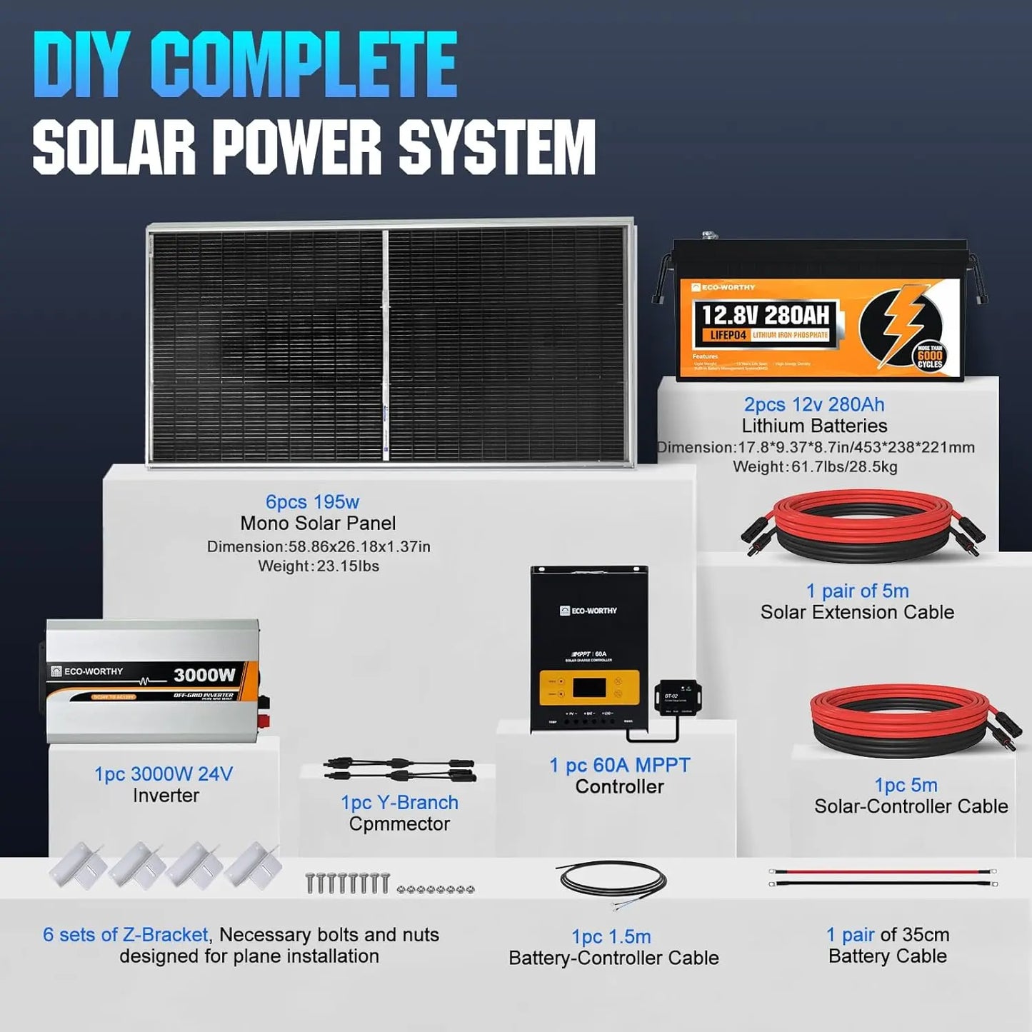 1200W Lithium Battery Solar System Off Grid:6pcs 195W Solar Panels+2Pcs 12.8V 280Ah Battery+60A MPPT+3000W Inverter