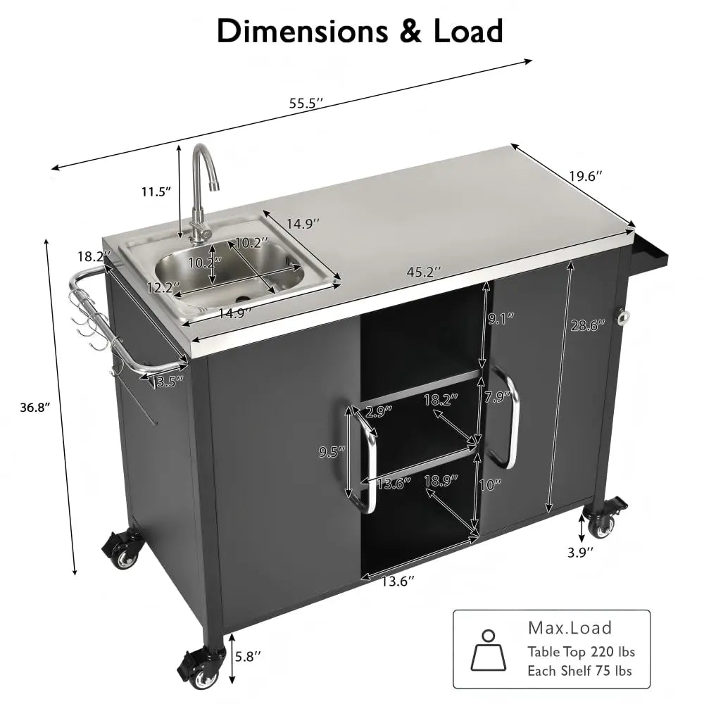 54.5" Outdoor Kitchen Island with Sink, Grill Cart with 4 Locking Wheels, Rolling BBQ Prep Station & Storage Cabinet, Customized