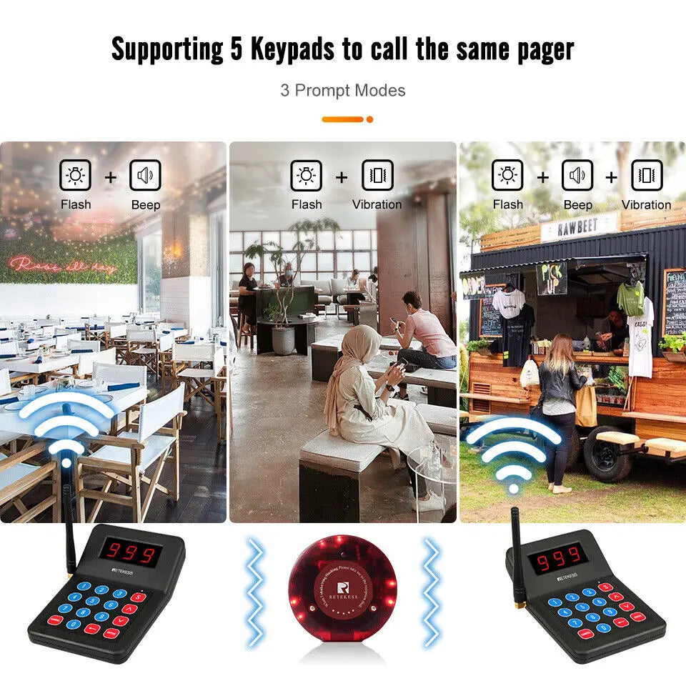 Wireless Restaurant Paging System Coaster Vibrater Buzzer Receiver 2-Way Charge for Cafe Food Trucks