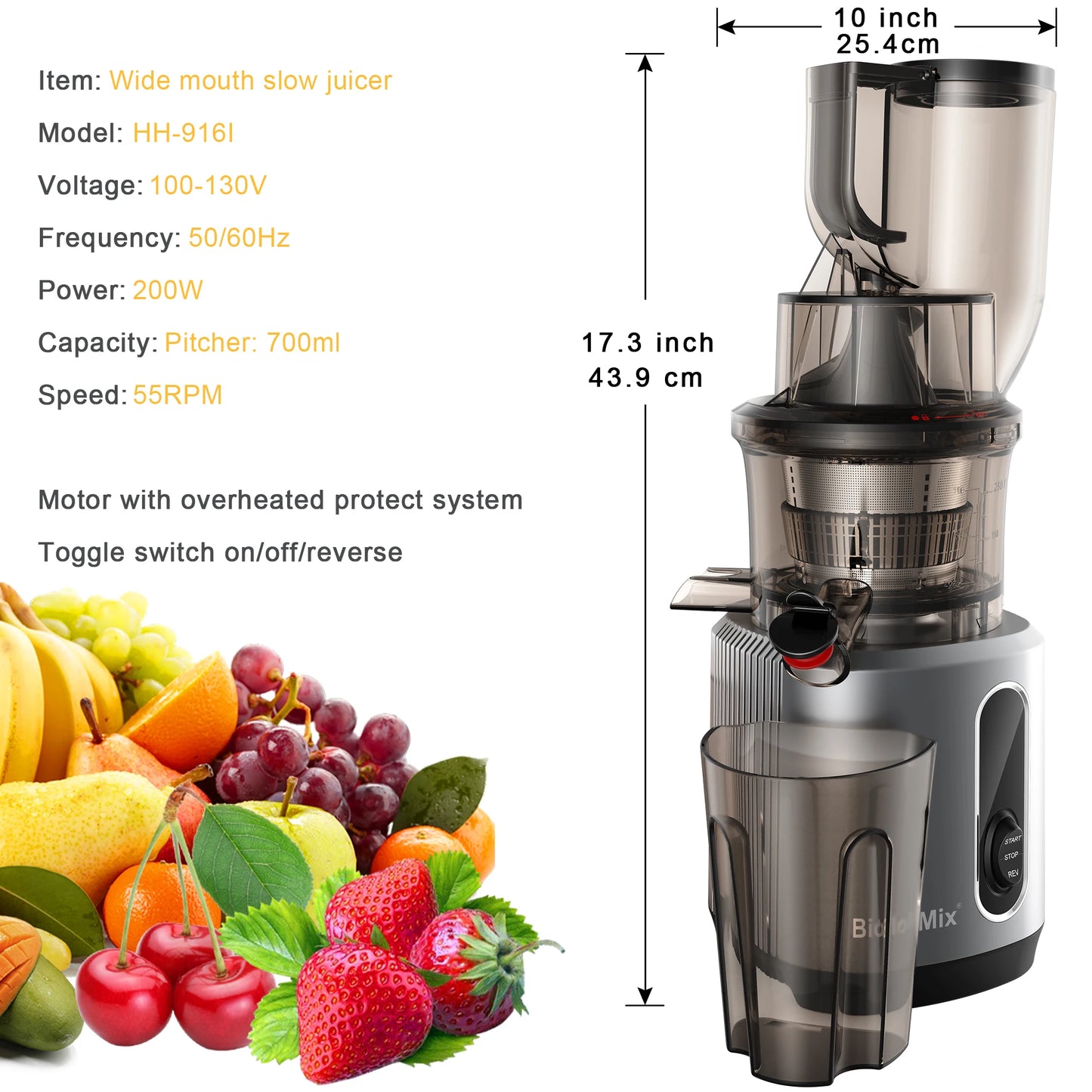 Cold Press Juicer with 78mm Feed Chute, 200W 40-65RPM Powerful Motor Slow Masticating Juice Extractor Fits Whole Fruits