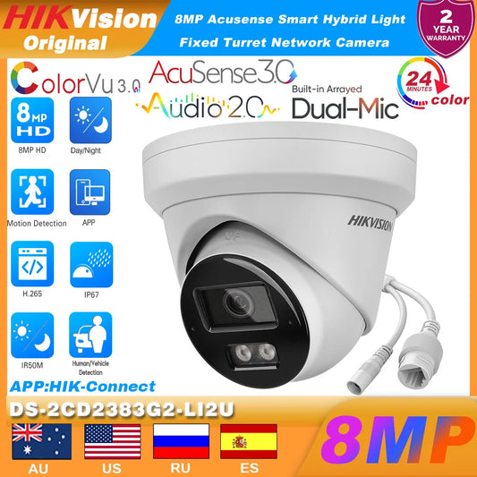 4K 8MP POE Acusense Smart Hybrid Light Fixed Turret Network IP Camera DS-2CD2383G2-LI2U Built-in Dual-MIC Surveillance