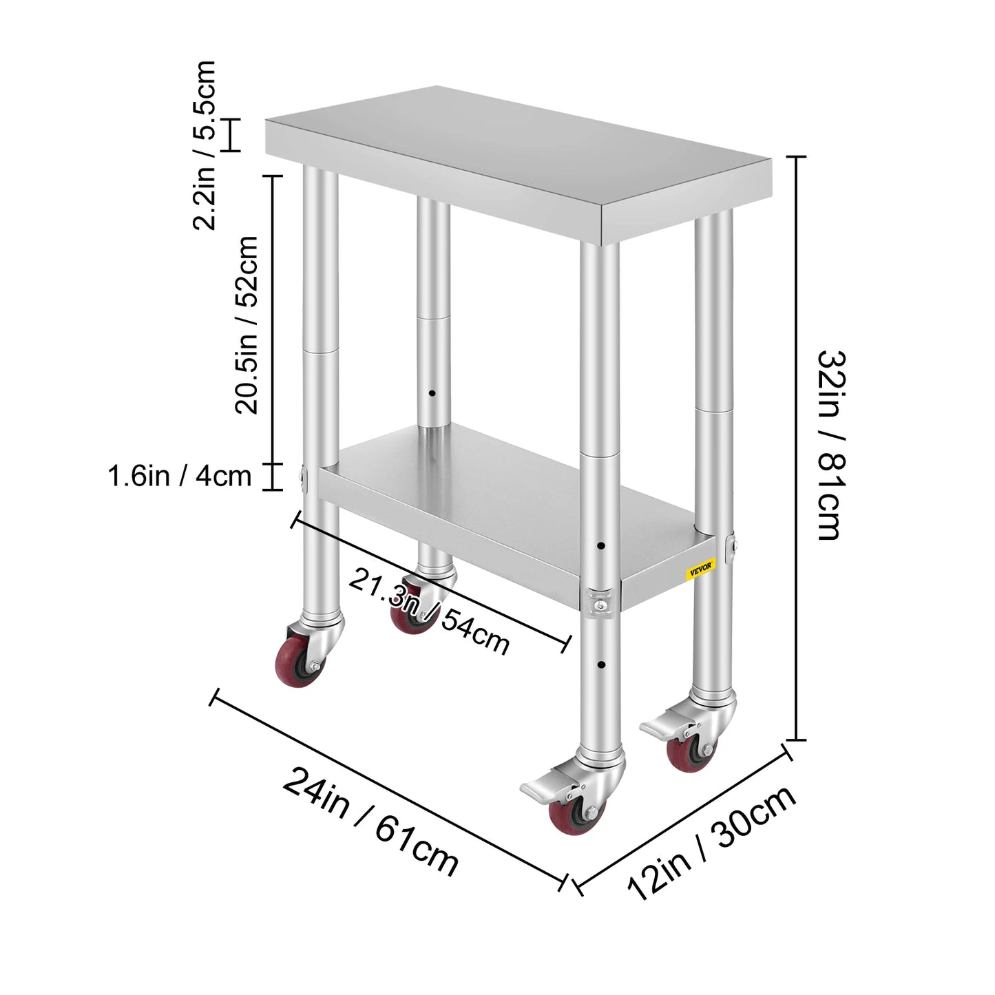 Stainless Steel Kitchen Prep Table With 4 Caster Wheels & Backsplash Loads Up to 100-300KG for Home Storage Rack Dining