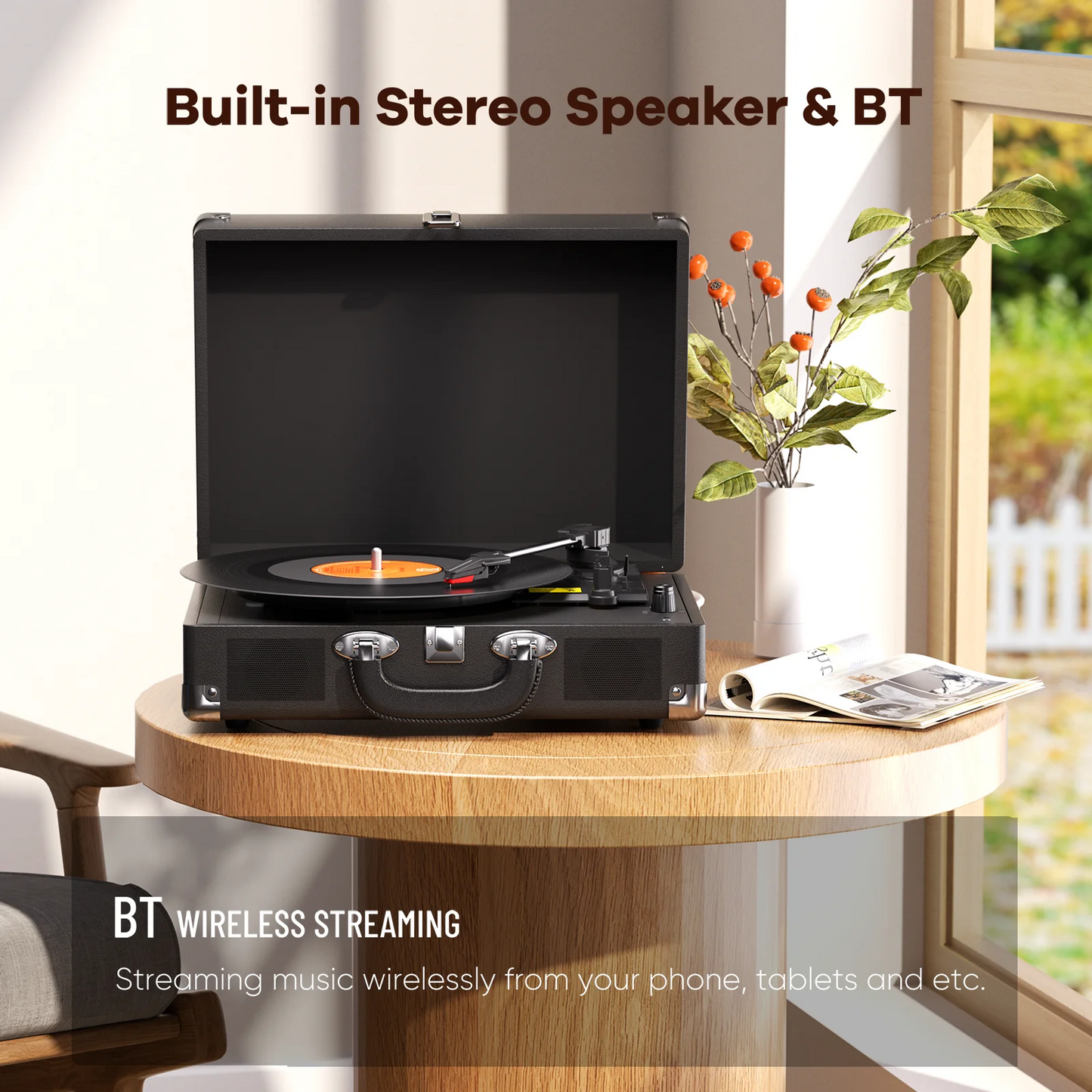 Record Player, 3-Speed 33/45/78RPM Vinyl Spinner with 2 Built-in Stereo Speakers, Headphone Jack