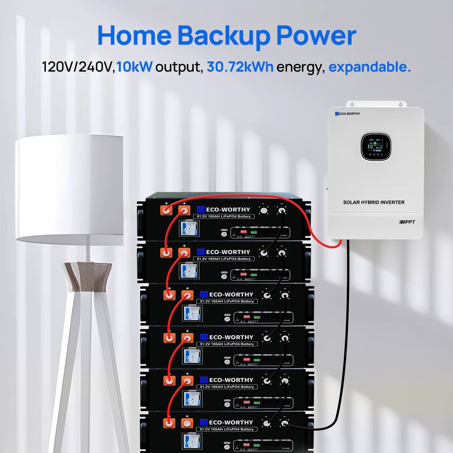 Home Backup Power 6PCS 30.72kwh 48V 100AhLiFePO4 Lithium Battery +10KW 48V Off-grid Inverter for Solar Energy