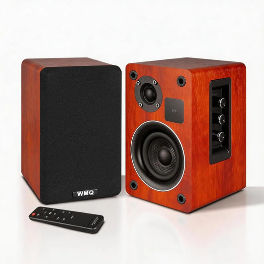 Bluetooth 5.3 Bookshelf Speakers, 60W Powered with Remote, LED Display, Carbon Fiber Woofer, RCA/AUX, Wooden, for Turntable PC TV Gaming Brown