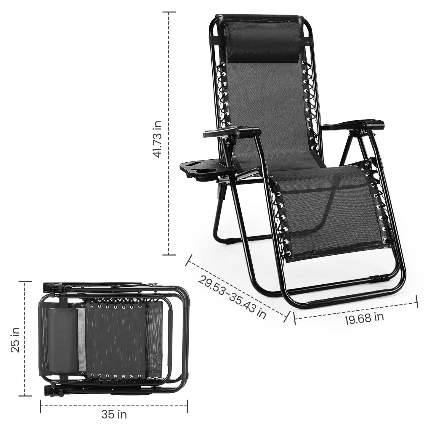 Zero Gravity Portable Recliner Camping Patio Outdoor Garden Lounge Chair with Cup Holder Trays Adjustable Pillow for Backyard