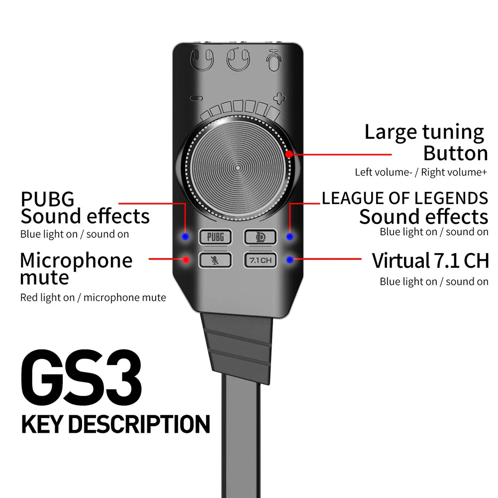 GS3 7.1 Channel Sound Card Converter Adapter External USB Audio Headset Audio Jack Cable Adapter Switch Volume for PC