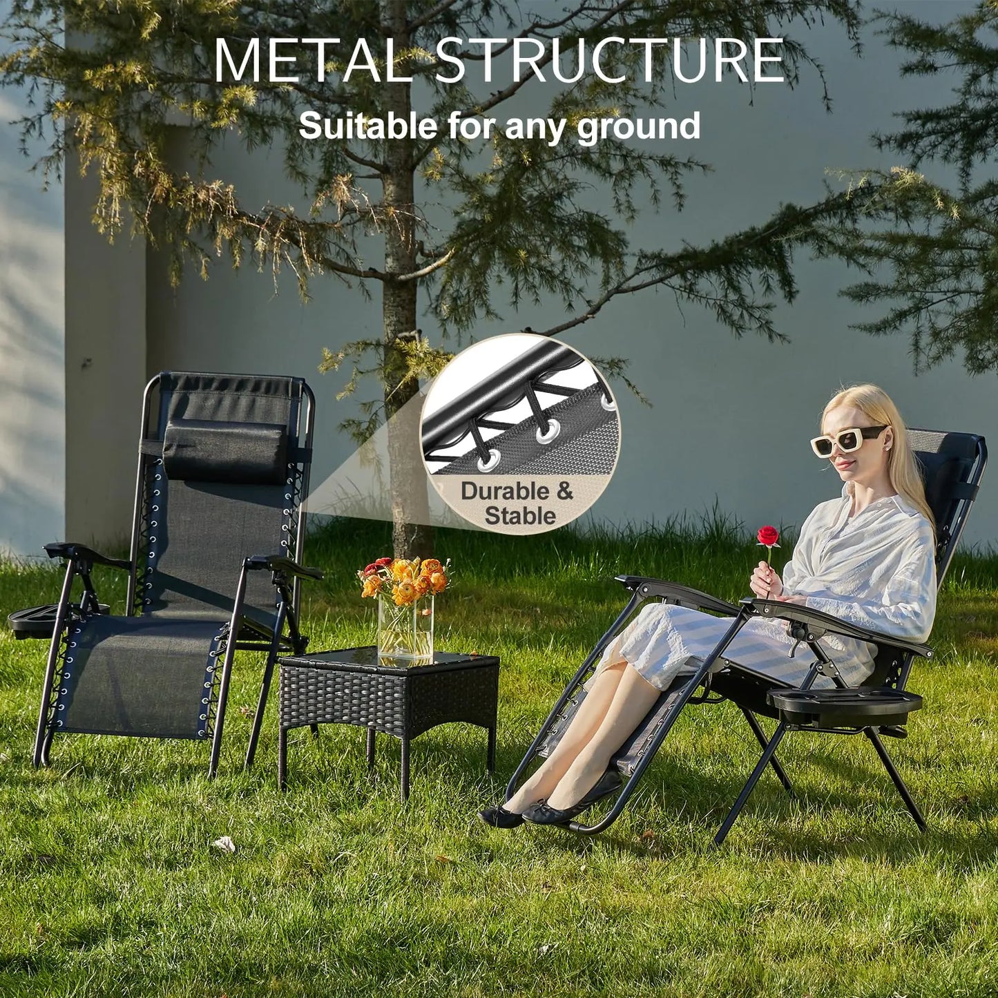 Zero Gravity Portable Recliner Camping Patio Outdoor Garden Lounge Chair with Cup Holder Trays Adjustable Pillow for Backyard