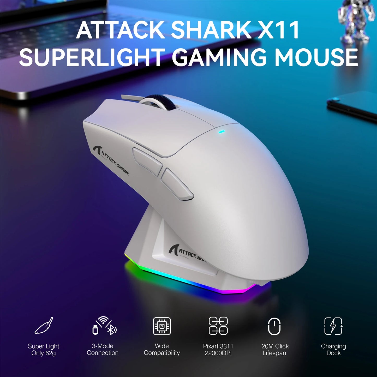 Lightweight Wireless Gaming Mouse with RGB Backlight Charging, Up to 22K DPI, PAW3311 Optical Sensor, HUYU Swit