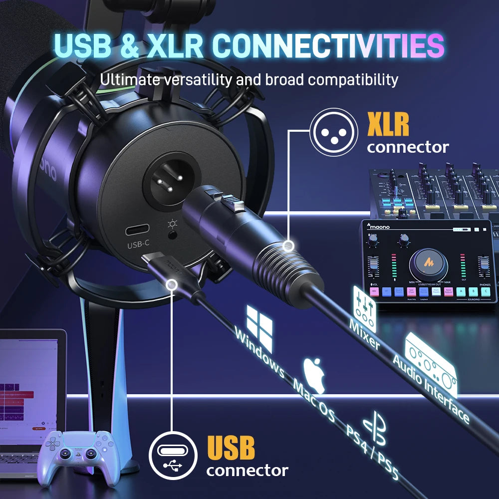 XLR/USB Dynamic Microphone for Gaming Recording Streaming Youtube Metal Mic with Software Tap-to-Mute Gain Knob