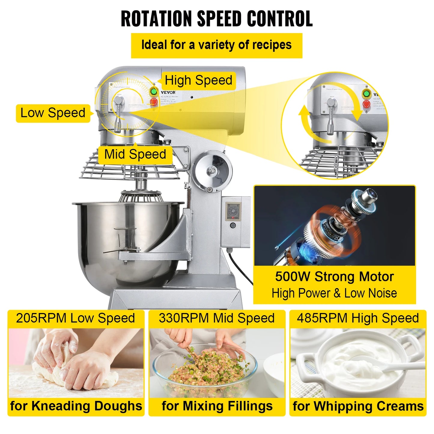 Commercial Food Mixer 10Qt 450W 3 Speeds Adjustable 110/178/390 RPM Heavy Duty Stainless Steel Whisk Beater Premium