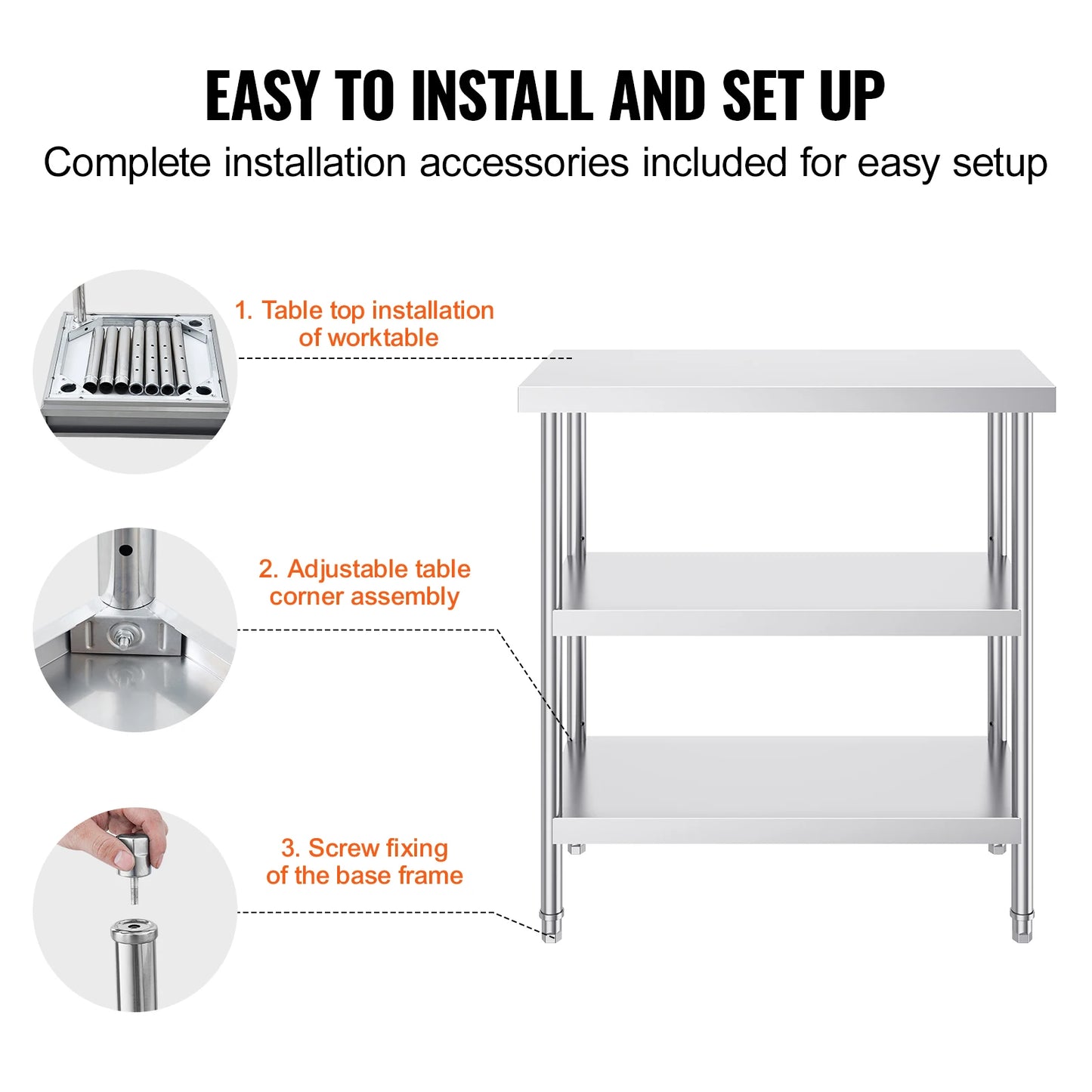 Stainless Steel Food Prep Table Commercial Kitchen Worktable with 2 Adjustable Undershelf for BBQ Kitchen Garage