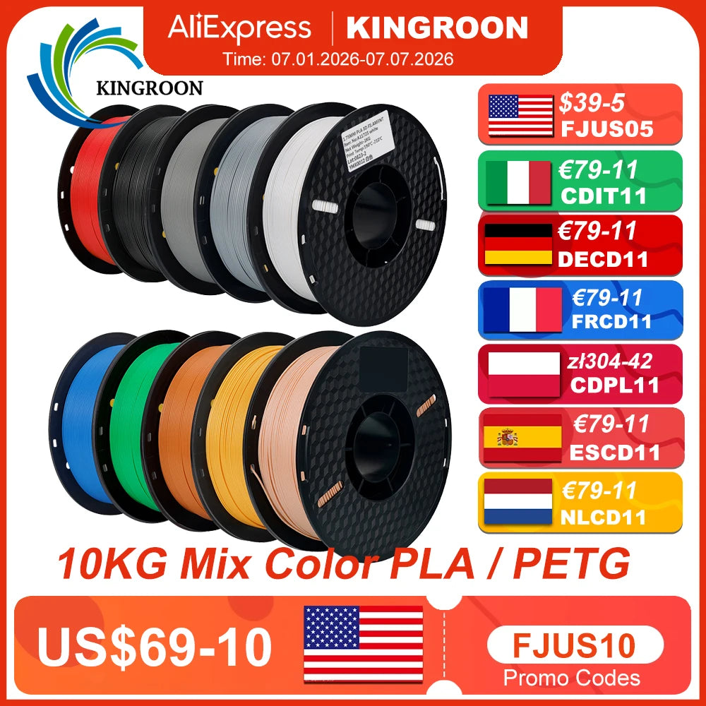 22LBS PETG or PLA filament 3D Printer Filament 10 Rolls 1KG 1.75MM Eco-Friendly Good Toughness Mix Color Free Shipping