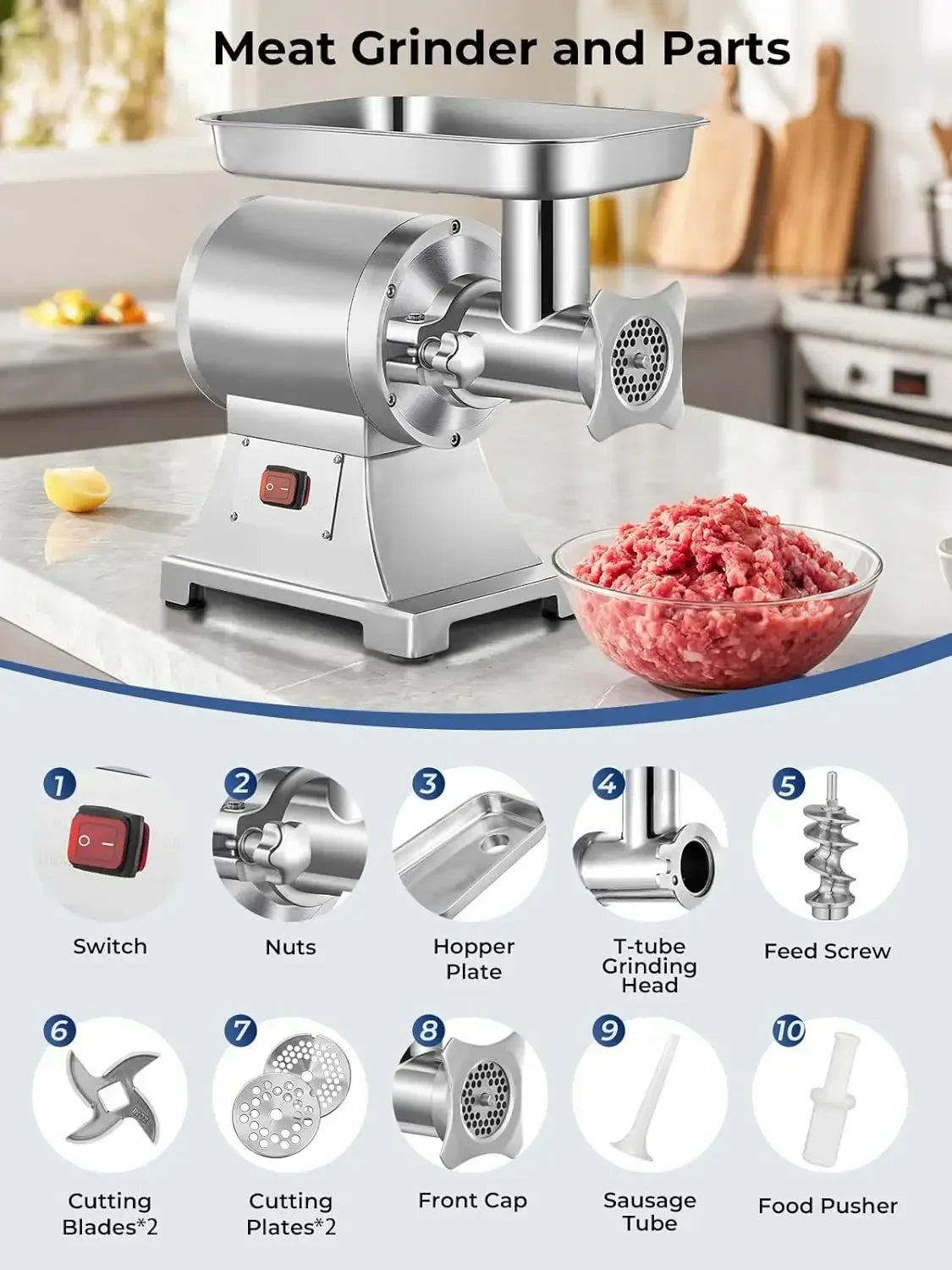 Commercial Meat Grinder, 1100W Electric Meat Grinder Heavy Duty, 330LBS/H Meat Mincer with 2 Blades, 2 Cutting Plates, Sausage T