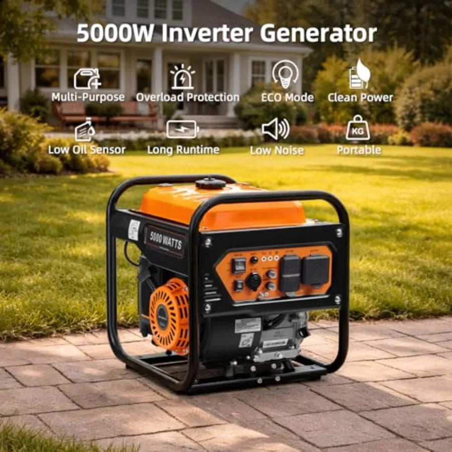 5000-Watts Portable Inverter Generator, Gas Generator for Home Backup, 30A Outlet, RV Ready, ECO Mode, 60Lbs, EPA Compliment