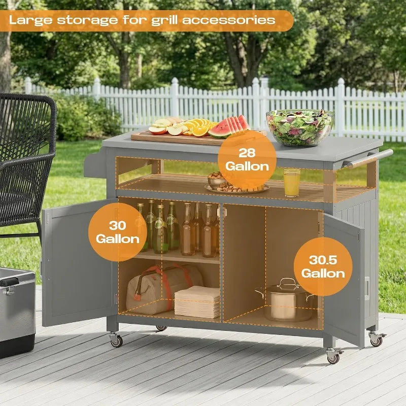 FUQARHY 43.3-Inch Solid Wood Outdoor Kitchen Island with Storage Cabinet, Grill Table with Stainless Steel Top, Outdoor Cooking