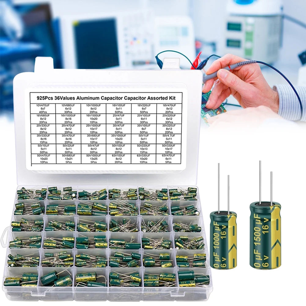 15/24/36 Values 225/460/925Pcs Aluminum Capacitors Set 16V-50V Aluminum Electrolytic Capacitors Assortment Kit with Storage Box