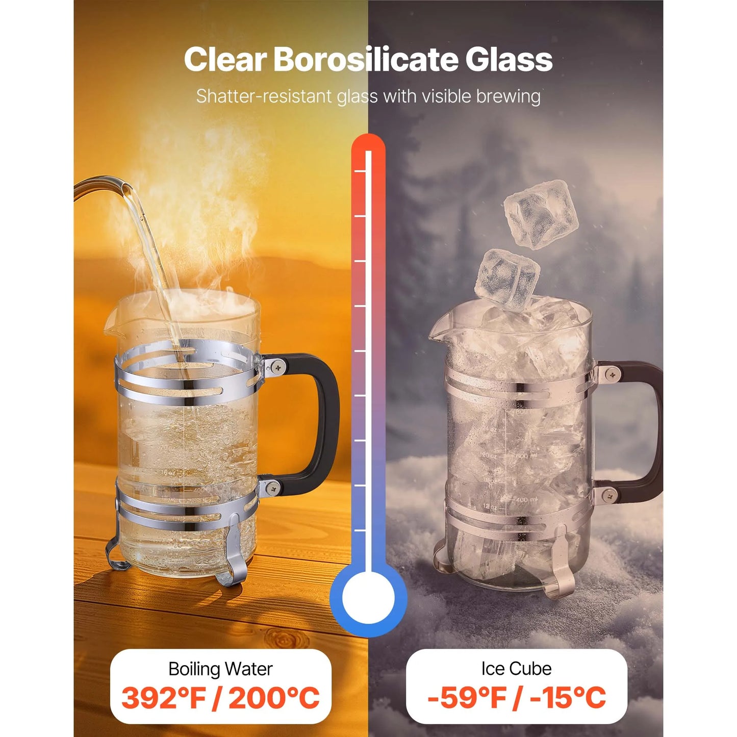 SucceBuy French Press Coffee Maker Borosilicate Glass Coffee Press Tea Maker with Stainless Steel Filter for Camping Travel Home