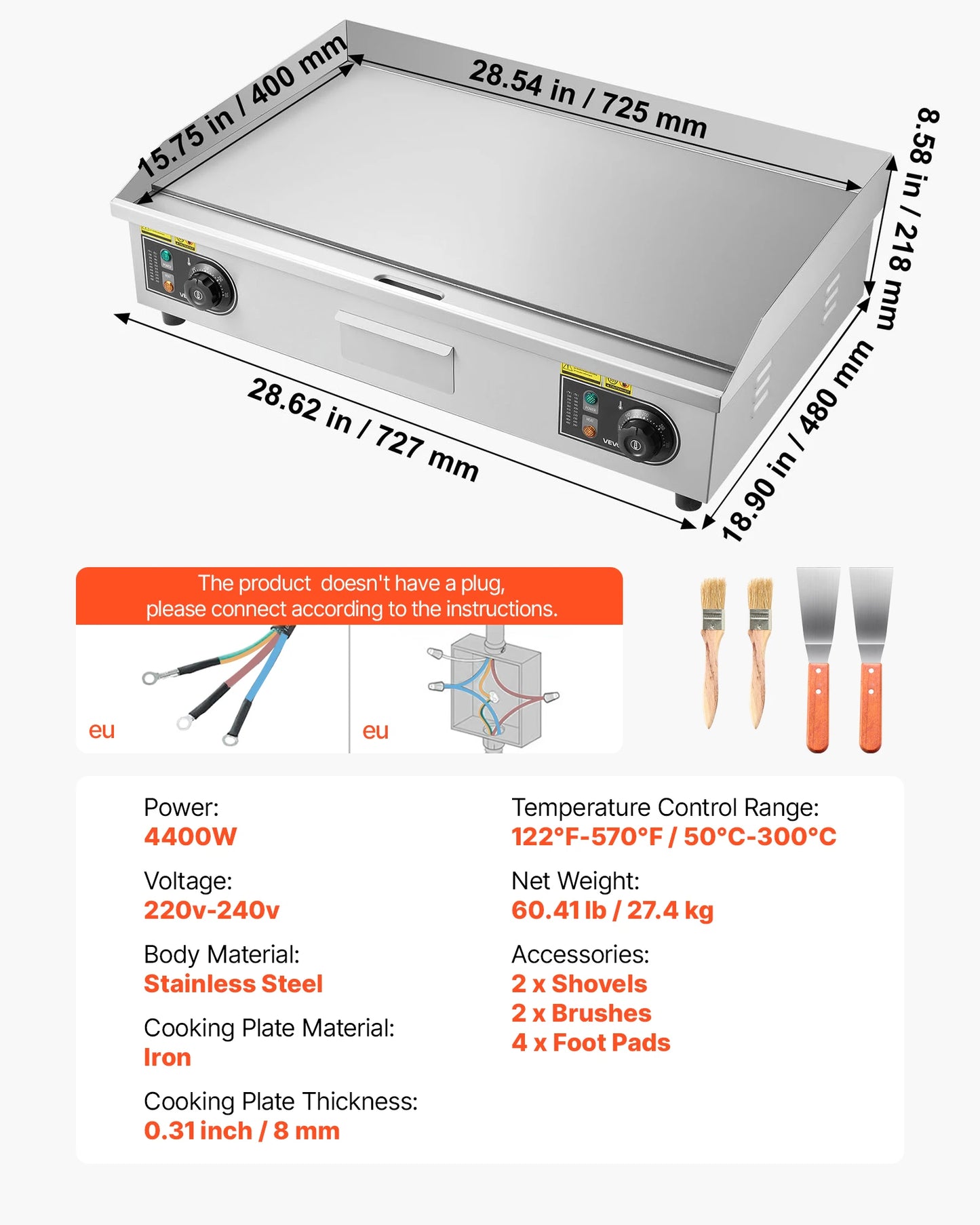 Commercial Electric Griddle 50-300°C Adjustable Temp Control, Stainless Steel Countertop Flat Top Grill for Steak Panc