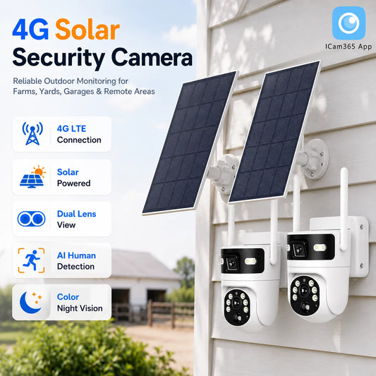 4G Solar Security Camera 2 Pack Dual Lens Outdoor PTZ Wireless CCTV Camera with 4G LTE Connection Solar Powered AI Human Detection Color Night Vision Two Way Audio Motion Alerts Remote App View IP66 Waterproof for Farm Yard G