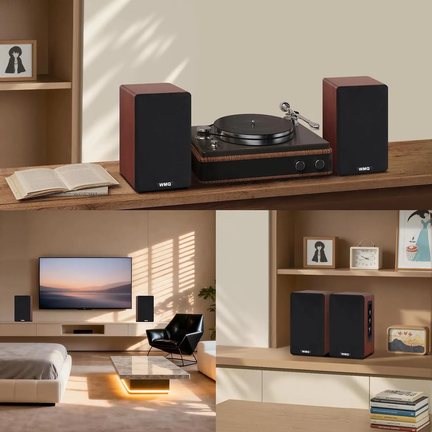 Bluetooth 5.3 Bookshelf Speakers, 60W Powered with Remote, LED Display, Carbon Fiber Woofer, RCA/AUX, Wooden, for Turntable PC TV Gaming Brown