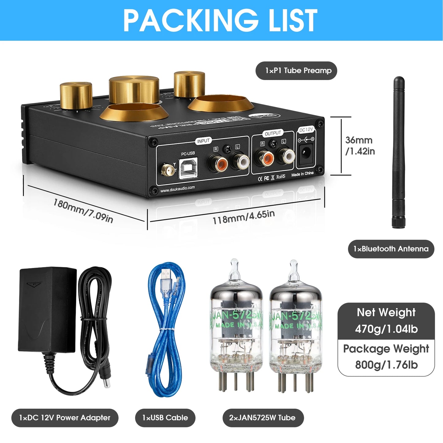 Nobsound HiFi Bluetooth 5.0 JAN 5725 Valve Tube Preamp Bass Preamplifier Stereo Audio Headphone Amplifier USB DAC APTX