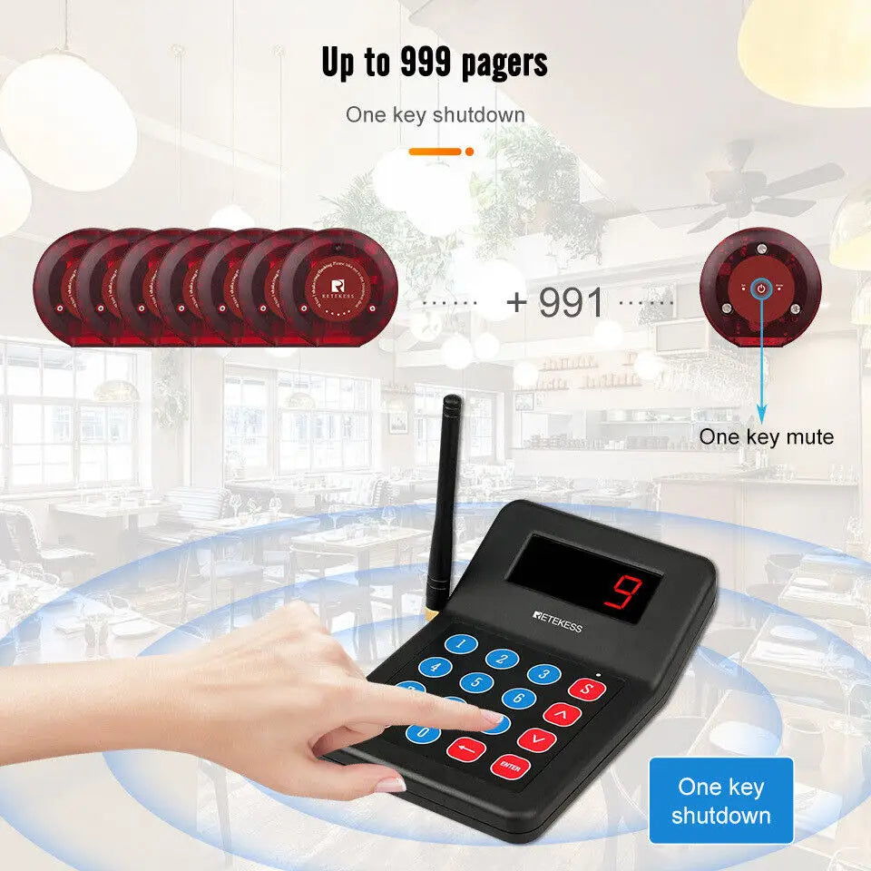 Wireless Restaurant Paging System Coaster Vibrater Buzzer Receiver 2-Way Charge for Cafe Food Trucks