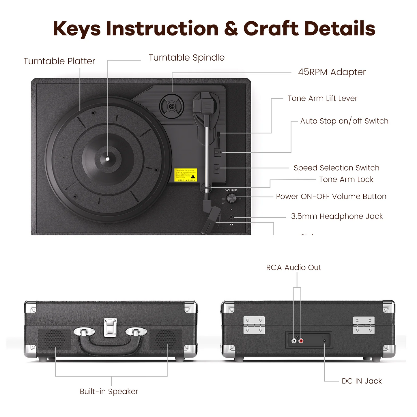 Record Player, 3-Speed 33/45/78RPM Vinyl Spinner with 2 Built-in Stereo Speakers, Headphone Jack