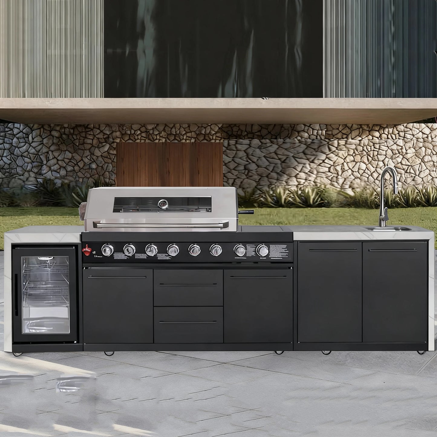 Premium Villa Patio BBQ Grill, Household Charcoal Grill, Multifunctional Outdoor Kitchen Gas BBQ Station with Cabinet
