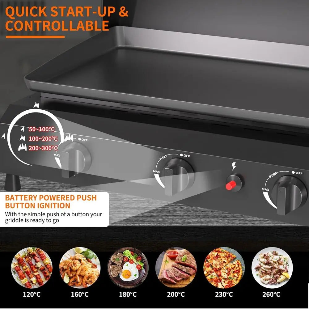 30-Inch Outdoor Portable Propane Gas Griddle with Hood and Side Shelves for BBQ, Camping, and Kitchen Use