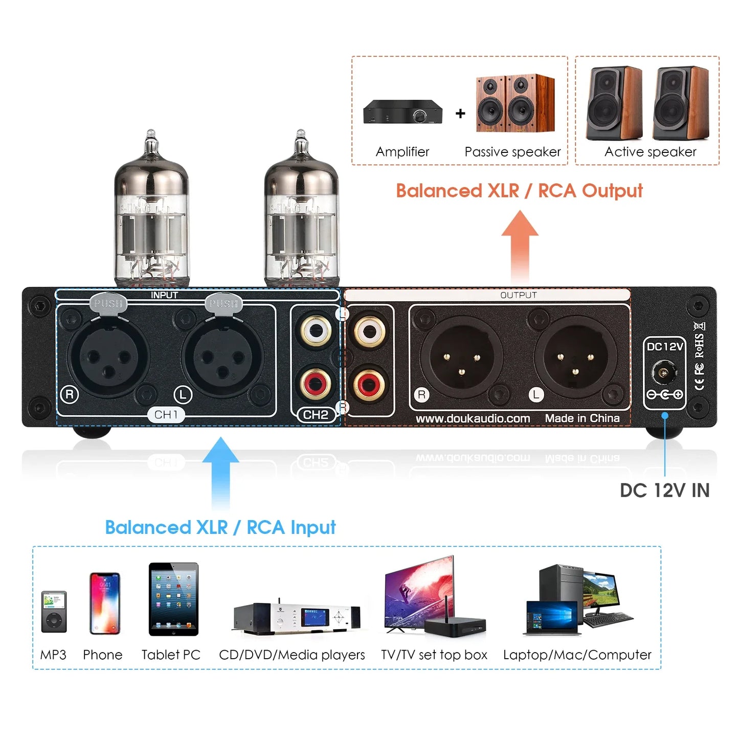 Nobsound HiFi 7-band EQ Equalizer Vacuum Tube Balanced XLR Stereo RCA Pre-amplifier with Tone Control for Desk Speaker