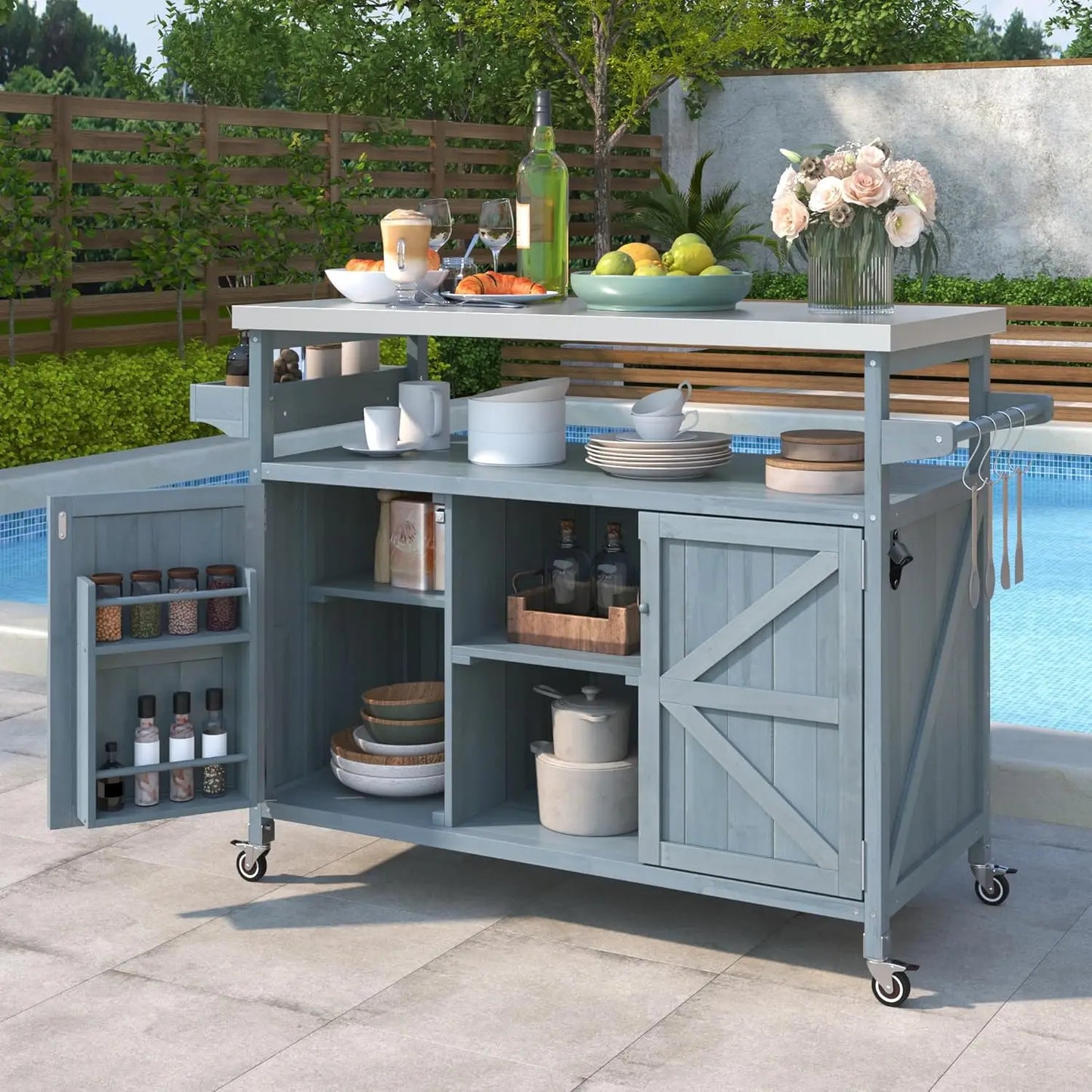 Large Rolling Outdoor Kitchen Island with Storage Cabinet, Wood Grill Table with Steel Top for Kitchen & BBQ, Customized