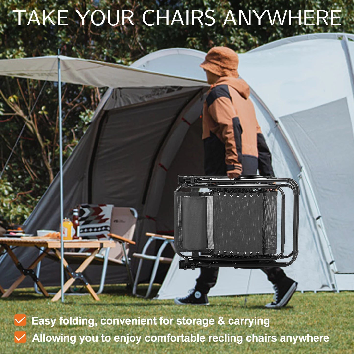 Zero Gravity Portable Recliner Camping Patio Outdoor Garden Lounge Chair with Cup Holder Trays Adjustable Pillow for Backyard