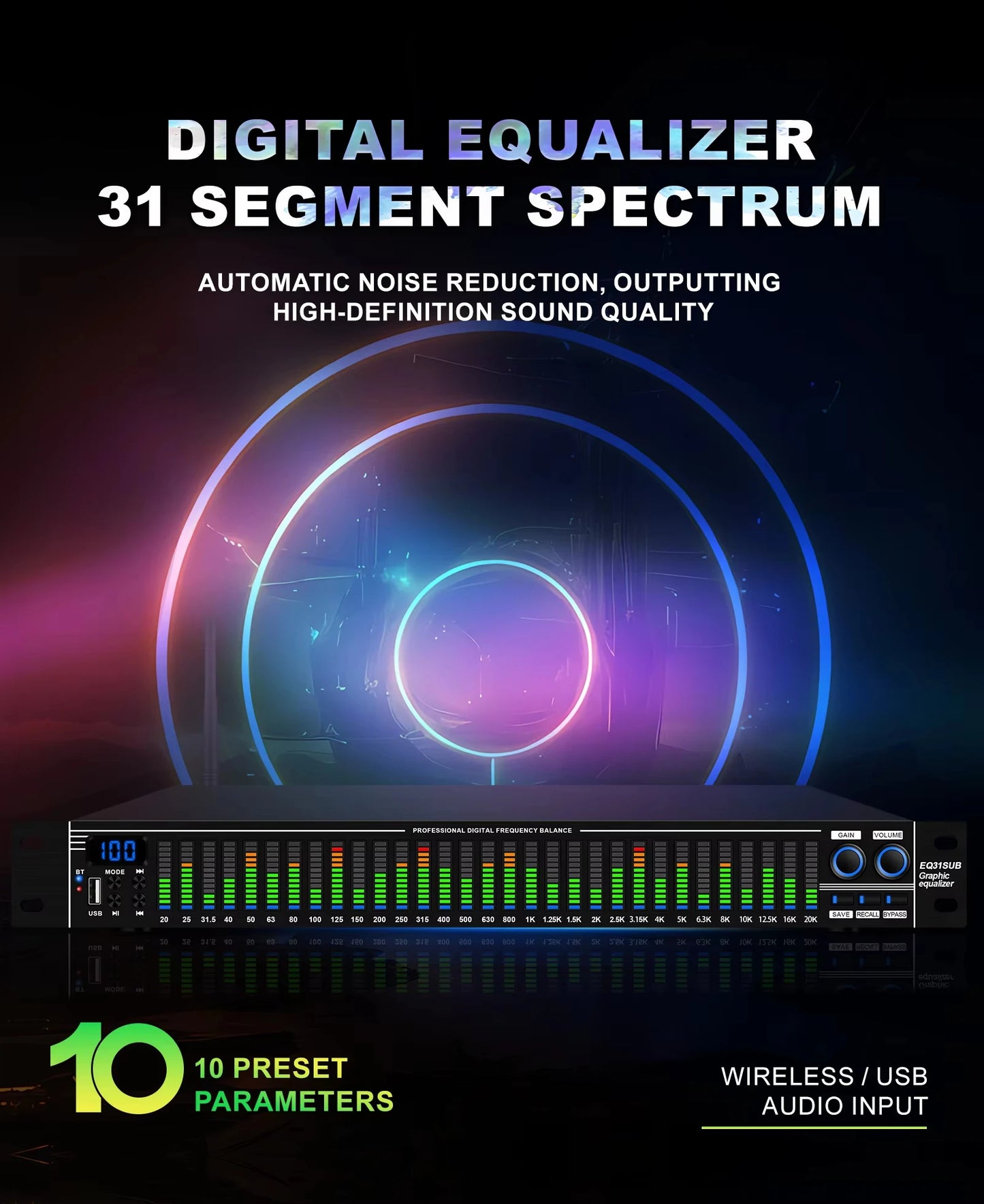 EQ31SUB 31-Stage Digital Equalizer Professional Audio Tuner for Stage Performance Noise Reduction Professional audio stage equip