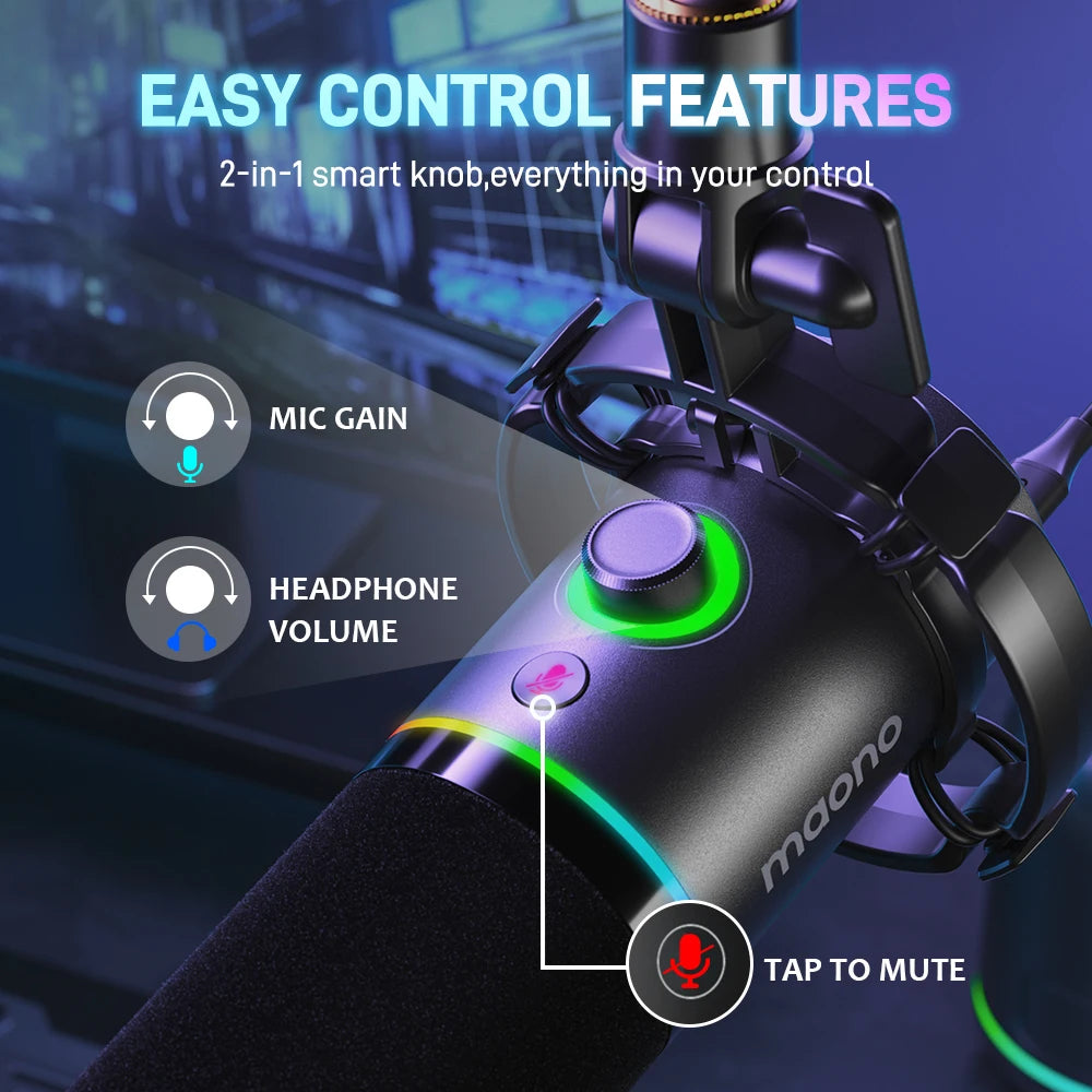 XLR/USB Dynamic Microphone for Gaming Recording Streaming Youtube Metal Mic with Software Tap-to-Mute Gain Knob