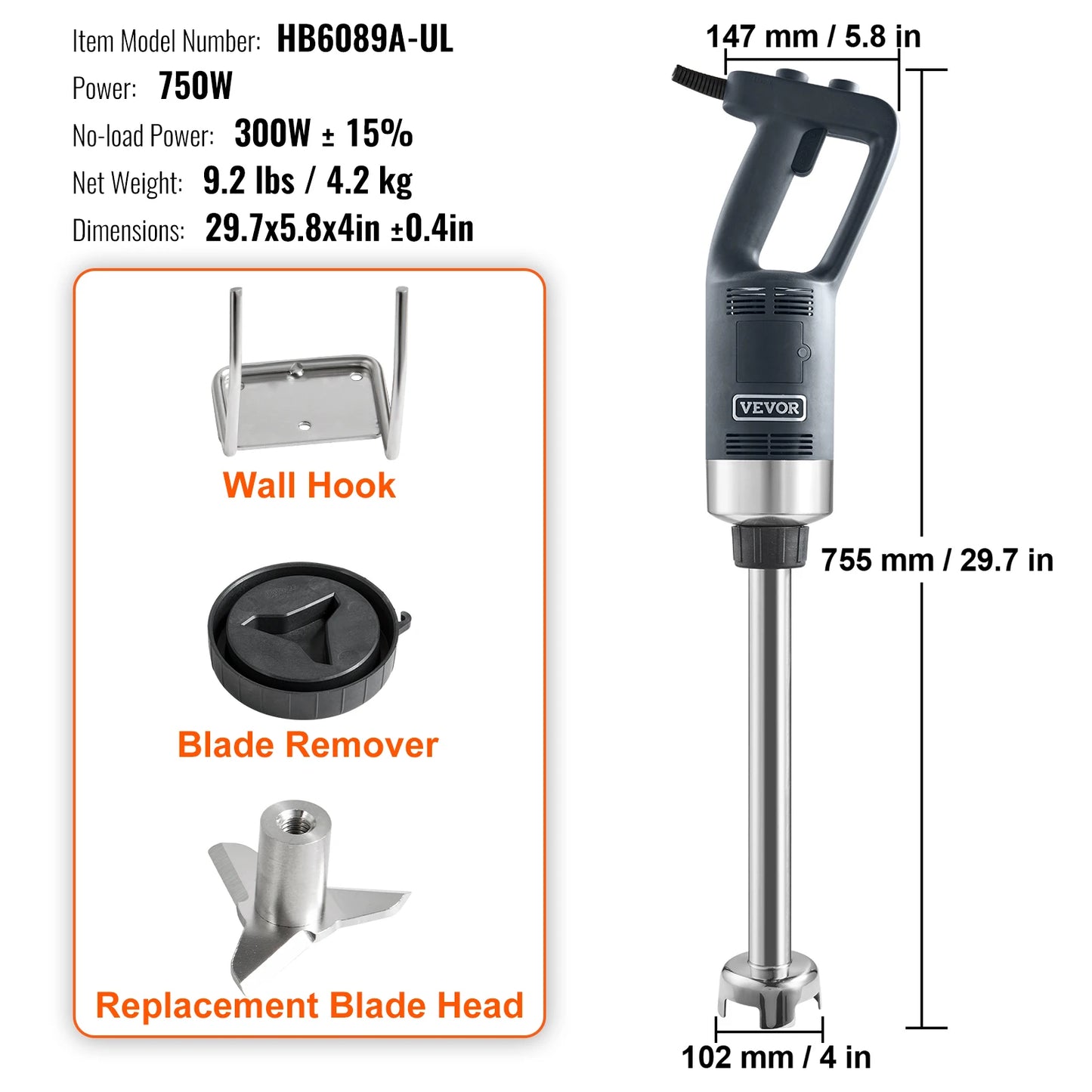 16" Commercial Immersion Blender Heavy Duty Hand Mixer Multi-Purpose Portable Mixer for Soup Smoothie Puree Baby Food