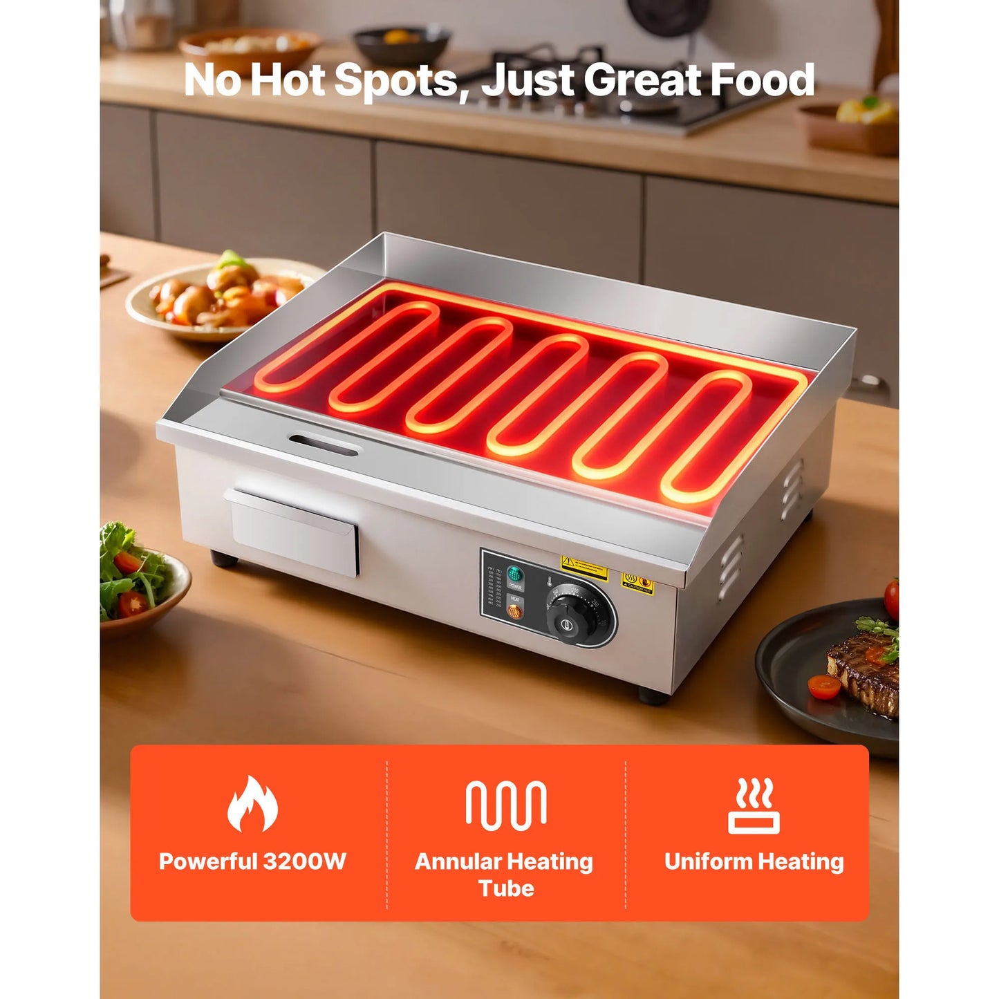 Commercial Electric Griddle 50-300°C Adjustable Temp Control, Stainless Steel Countertop Flat Top Grill for Steak Panc