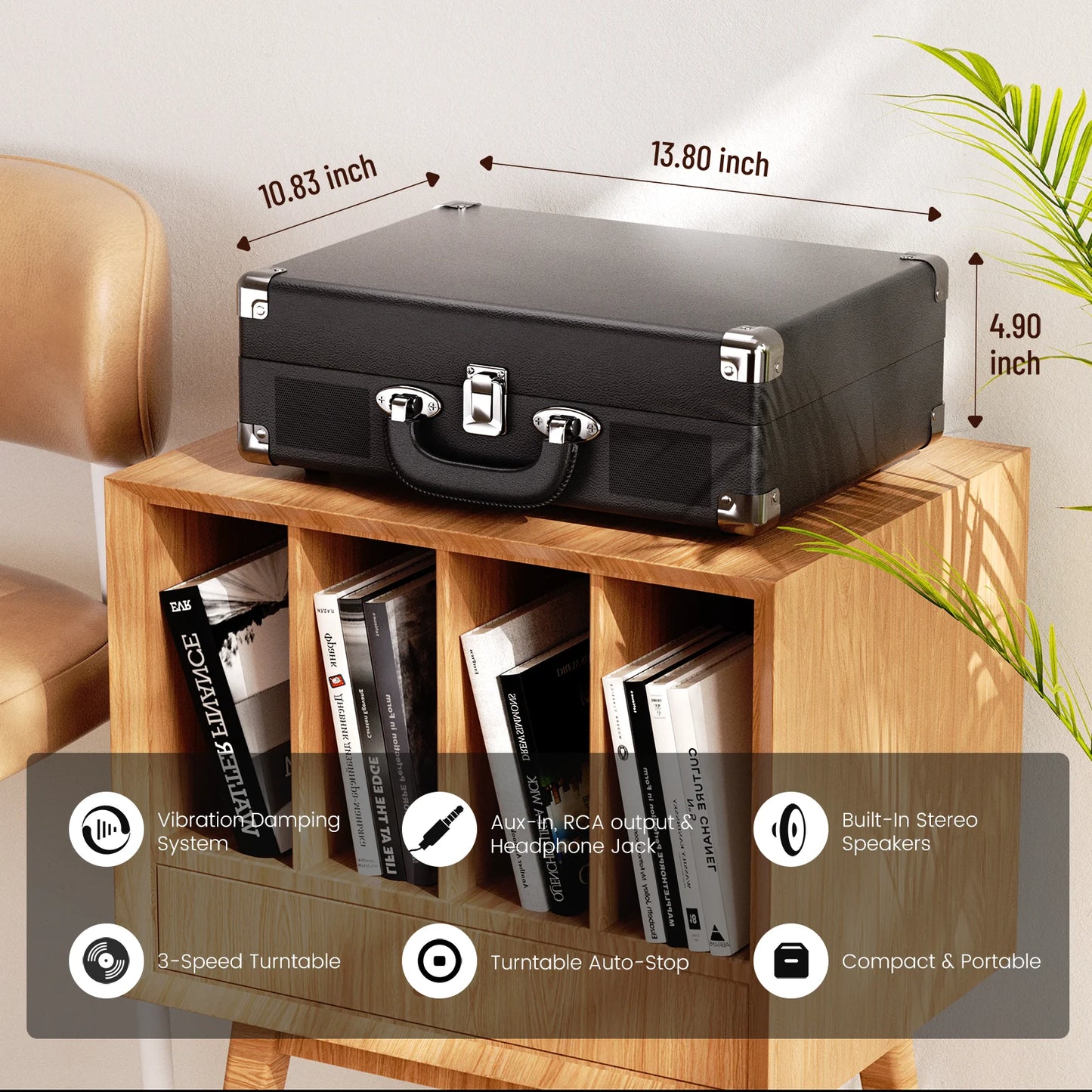 Record Player, 3-Speed 33/45/78RPM Vinyl Spinner with 2 Built-in Stereo Speakers, Headphone Jack