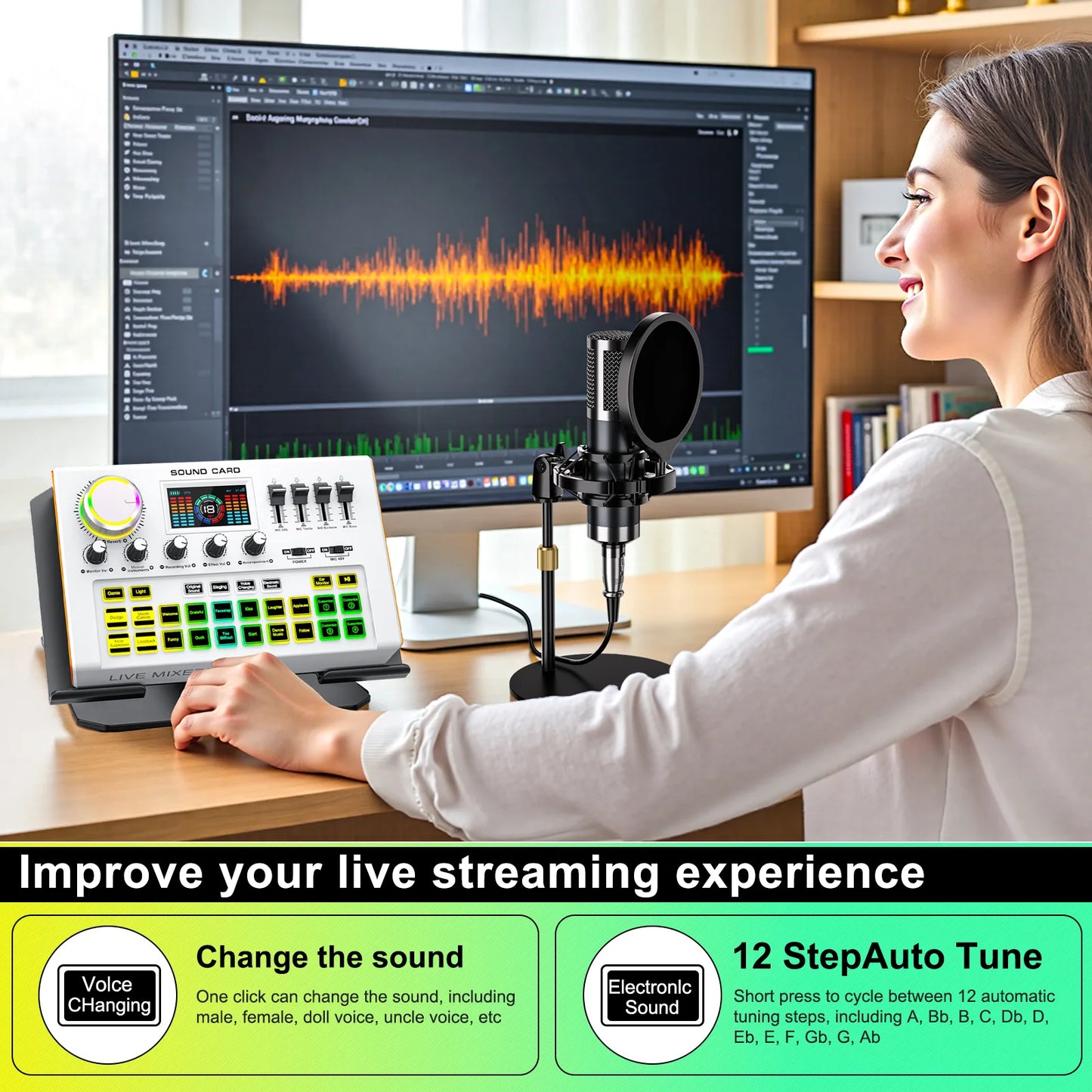 Tenlamp Professional Podcast Equipment Bundle Kit for 4 People, Studio Sound Card with 3.5mm Condenser Mic (Y300-P15B) for PC Smartphone Laptop Computer , Live Audio Mixer Voice Changer for Streaming Singing Gaming Recording