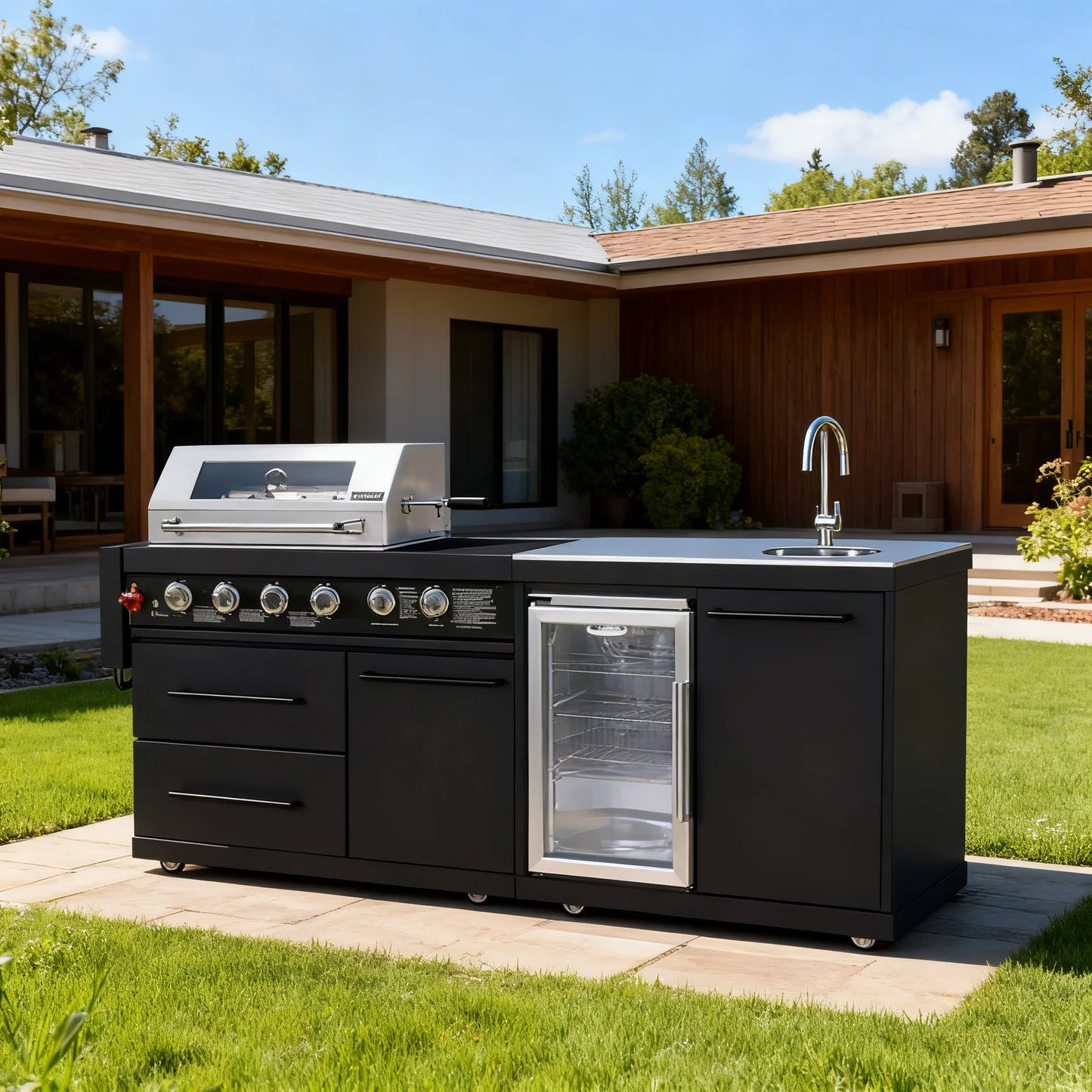 Premium Villa Patio BBQ Grill, Household Charcoal Grill, Multifunctional Outdoor Kitchen Gas BBQ Station with Cabinet