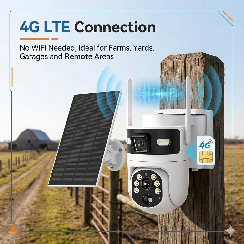 4G Solar Security Camera 2 Pack Dual Lens Outdoor PTZ Wireless CCTV Camera with 4G LTE Connection Solar Powered AI Human Detection Color Night Vision Two Way Audio Motion Alerts Remote App View IP66 Waterproof for Farm Yard G