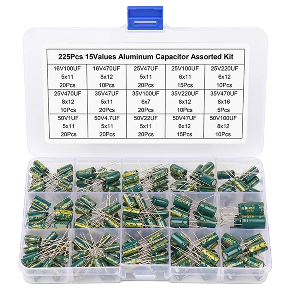 15/24/36 Values 225/460/925Pcs Aluminum Capacitors Set 16V-50V Aluminum Electrolytic Capacitors Assortment Kit with Storage Box