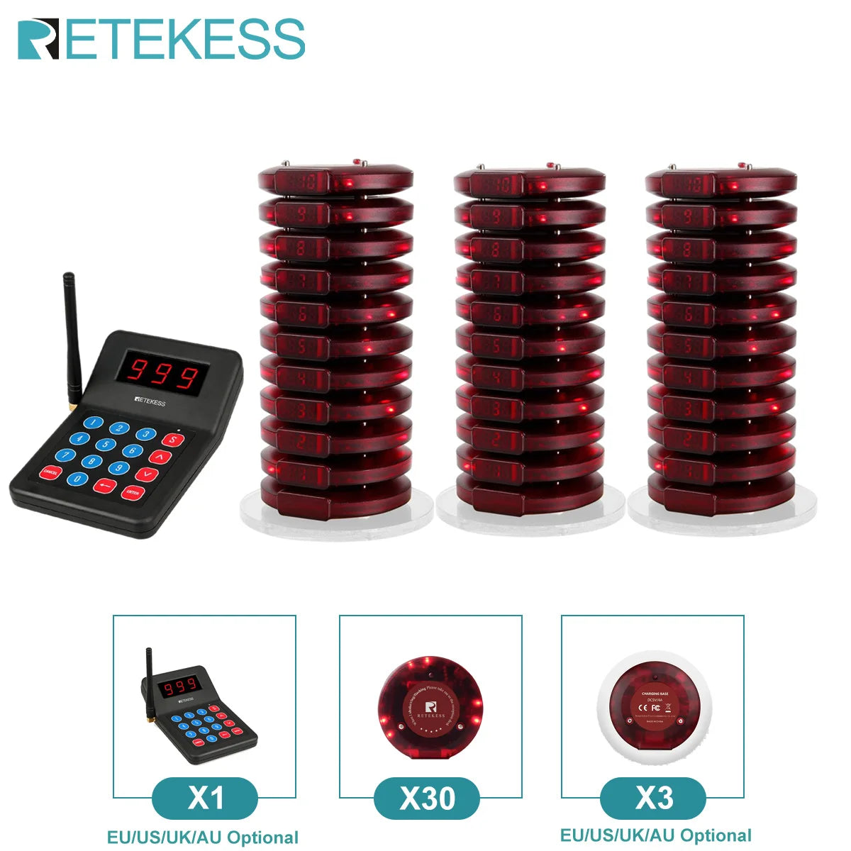 Wireless Restaurant Paging System Coaster Vibrater Buzzer Receiver 2-Way Charge for Cafe Food Trucks