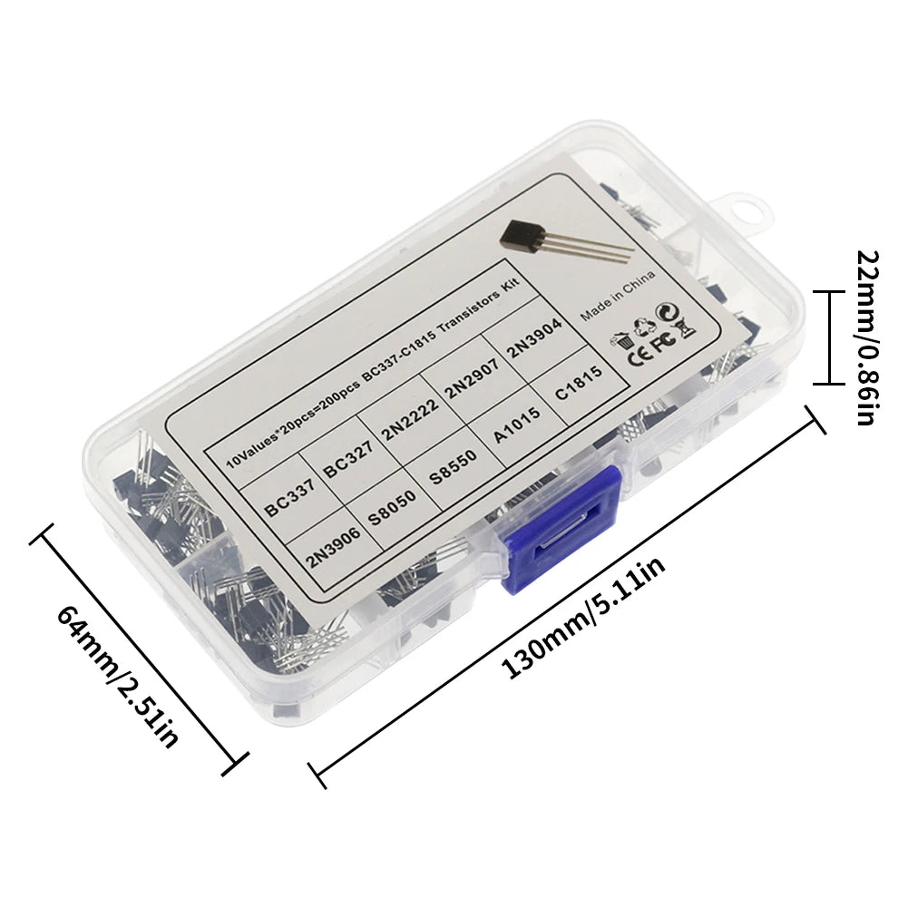 200PCS Transistor Kit Assortment Box 10 Values TO-92 2N2222 2N2907 2N3904 2N3906 S8050 S8550 A1015 C1815