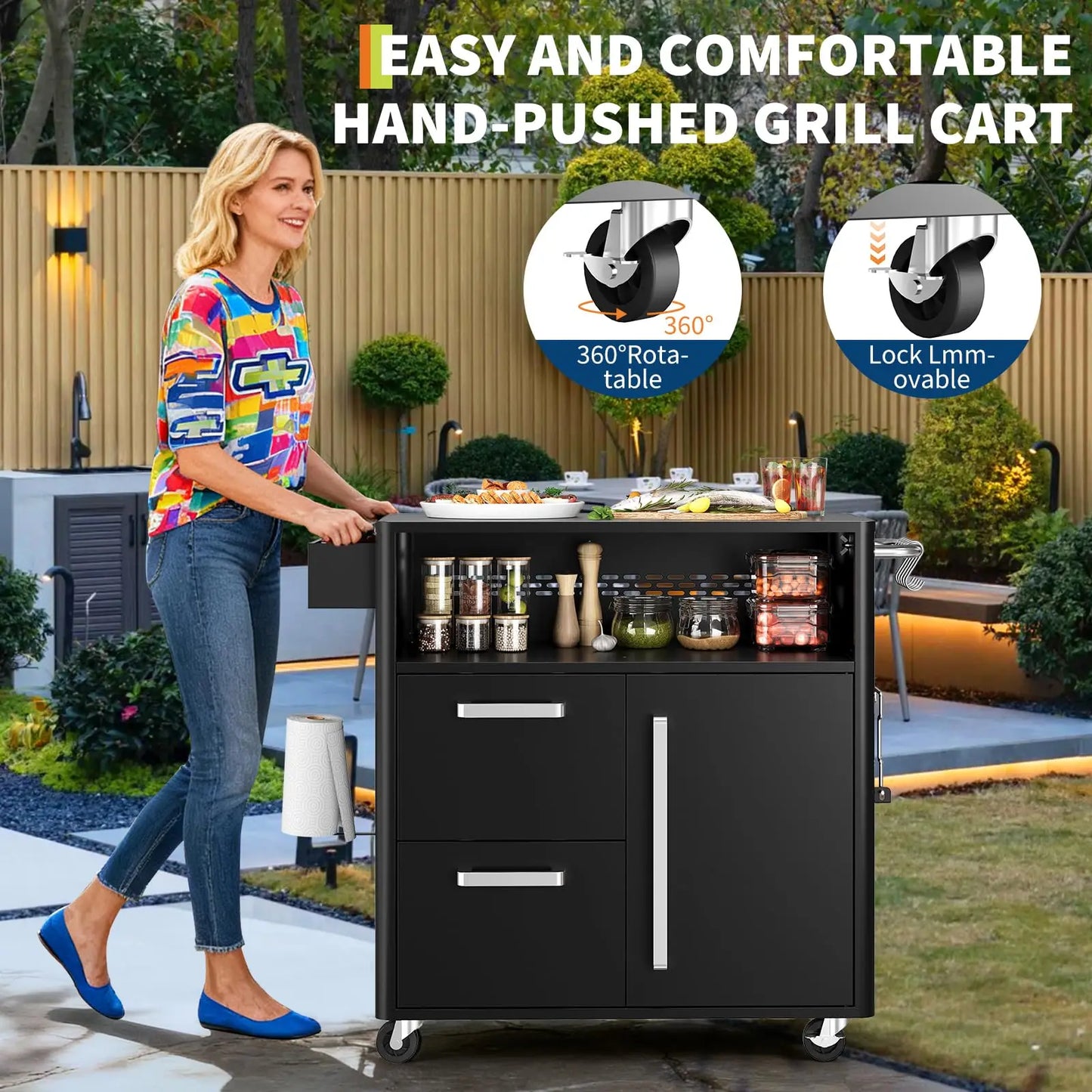 Outdoor Grill Cart With Stainless Steel Prep Table 3 Tier Mobile Kitchen Island With Storage Cabinet And Drawers Lockable Wheels For BBQ Patio Backyard Black