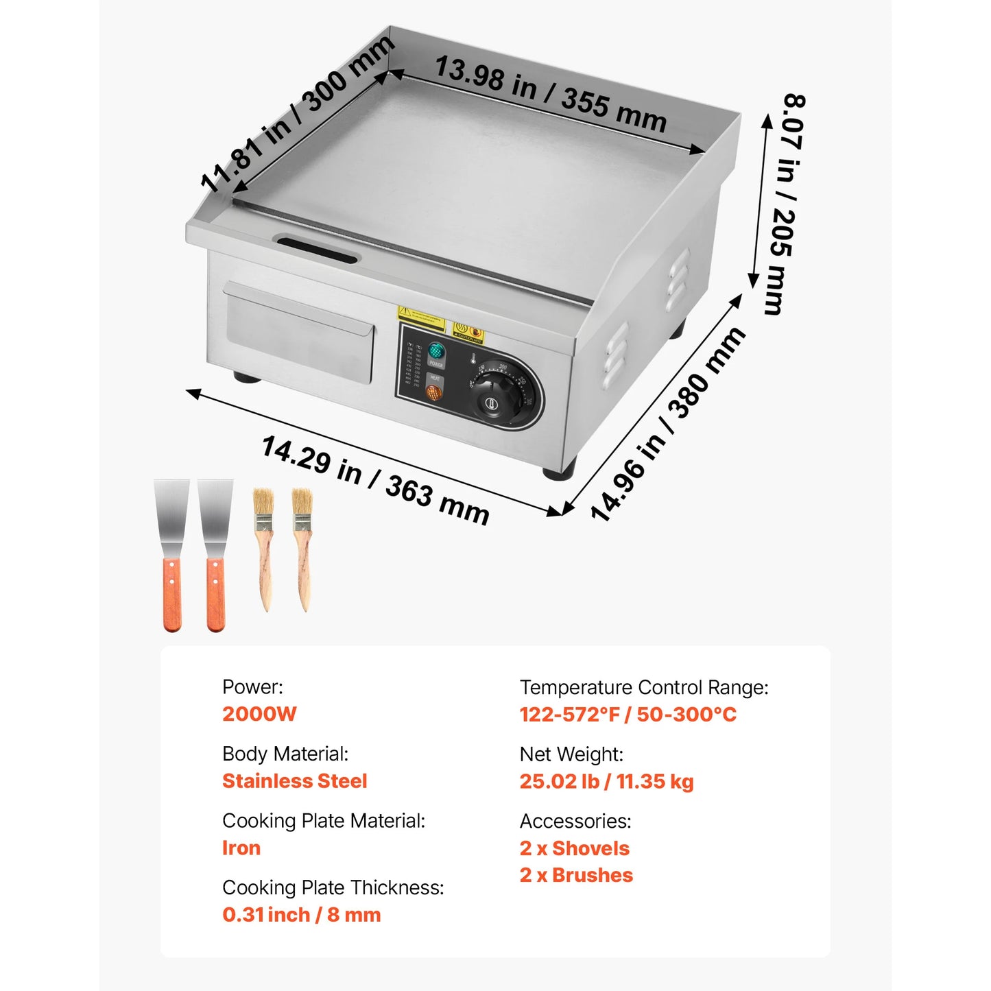 Commercial Electric Griddle 50-300°C Adjustable Temp Control, Stainless Steel Countertop Flat Top Grill for Steak Panc